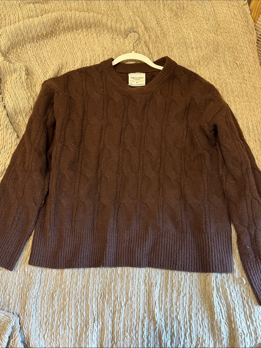 Brown Cable Knit Crewneck Sweater